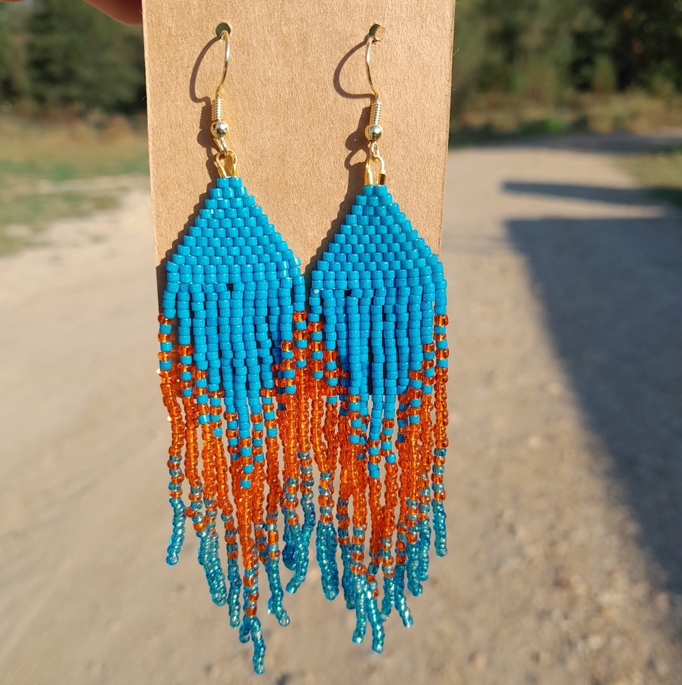 Unique Handmade Blue Beaded Fringe Earrings